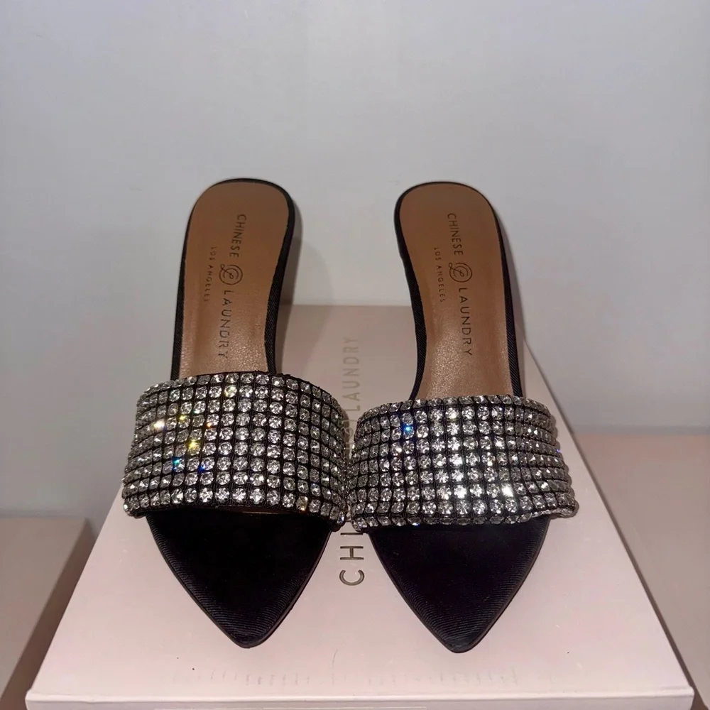 Chinese Laundry Black Heeled Mules with Silver Crystal Strap